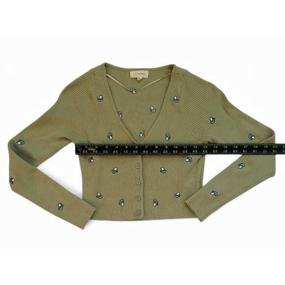 LA Hearts Green Ribbed Button Embroidered Mushroom Cropped Cardigan Cottagecore - Picture 3 of 6